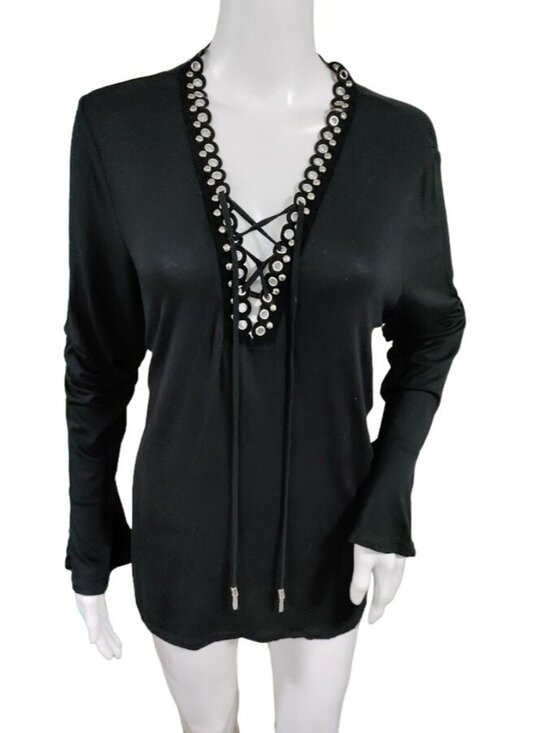 Michael Kors Bell Sleeve Black Lace Up Deep V Top Large - Picture 6 of 14